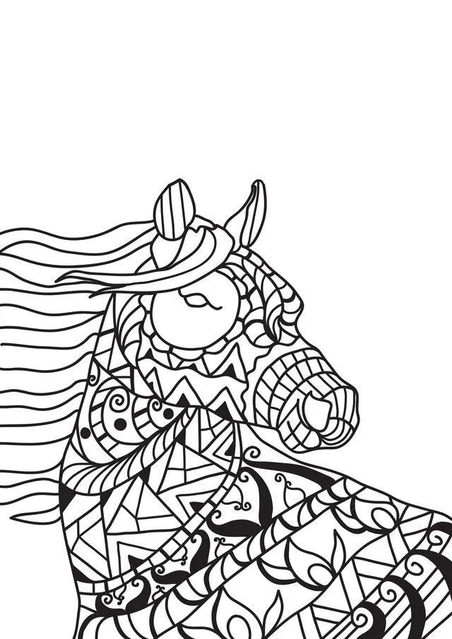 Coloriage Étalon fougueux aux motifs complexes - Adulte cheval à imprimer