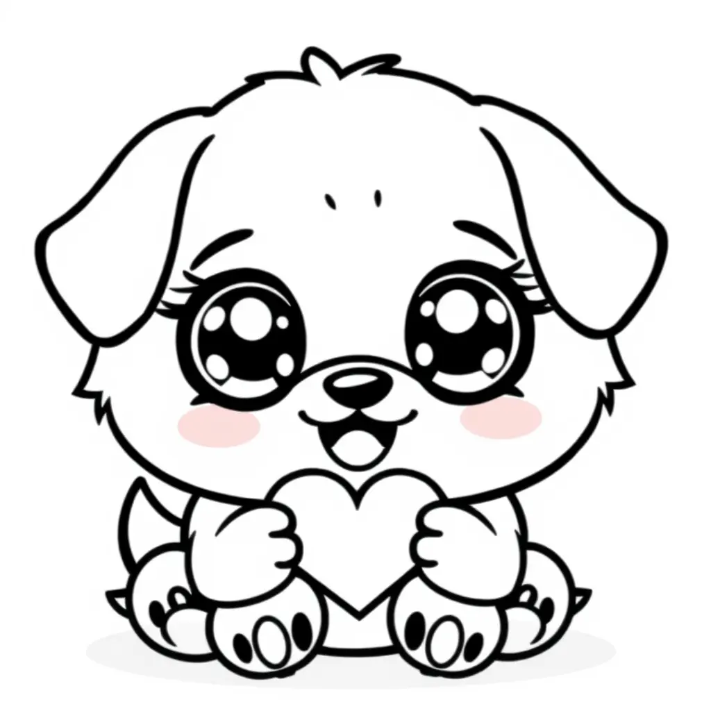 Coloriage Chiot aux grands yeux tenant un cœur - Chien mignon à imprimer