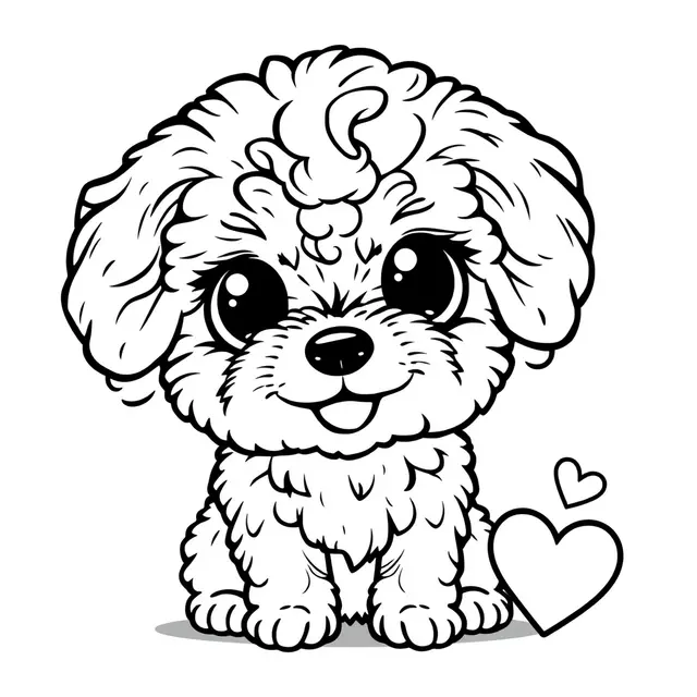 Coloriage Petit Bichon Frisé assis souriant - Chien mignon à imprimer