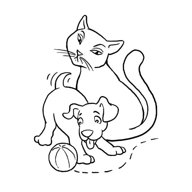 A Curious Dog and a Wary Cat at Play coloring page to print