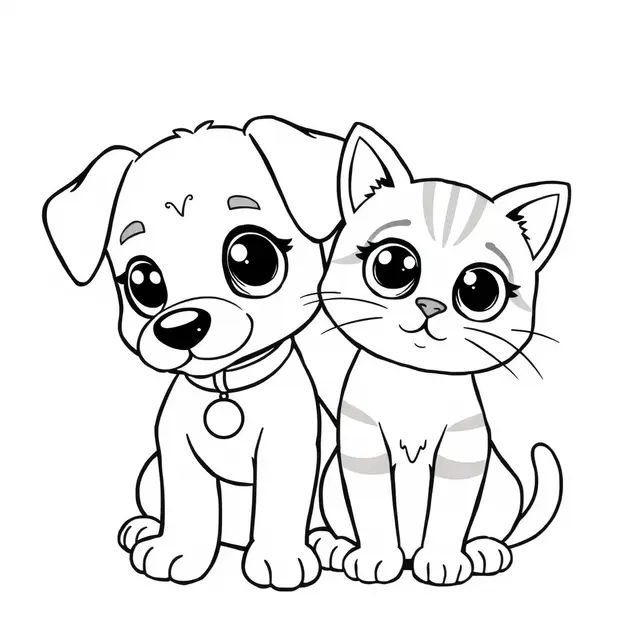 Cute Dog and Cat with a Tender Gaze coloring page to print
