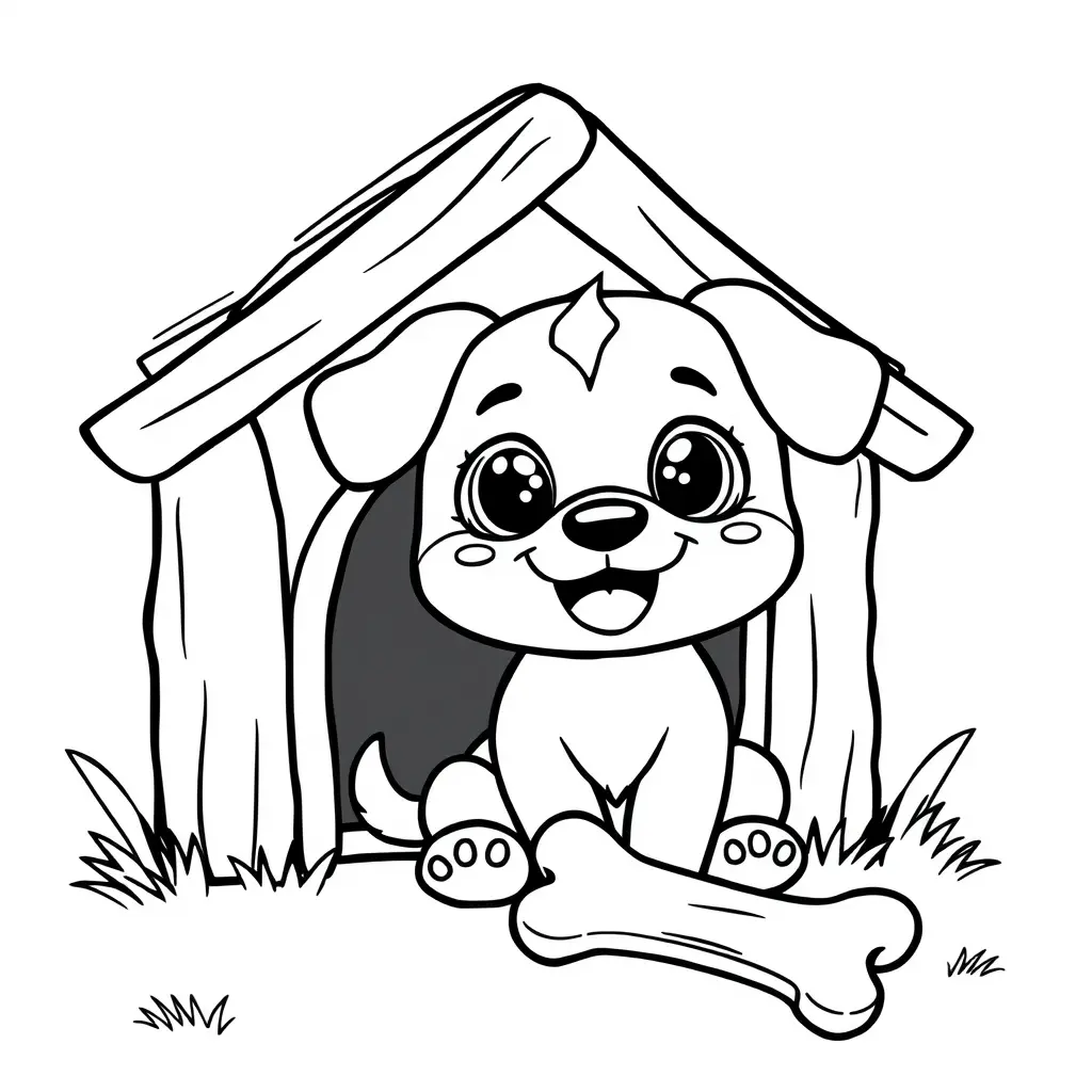 Coloriage Chiot Kawaii devant sa petite maison - Chien mignon à imprimer