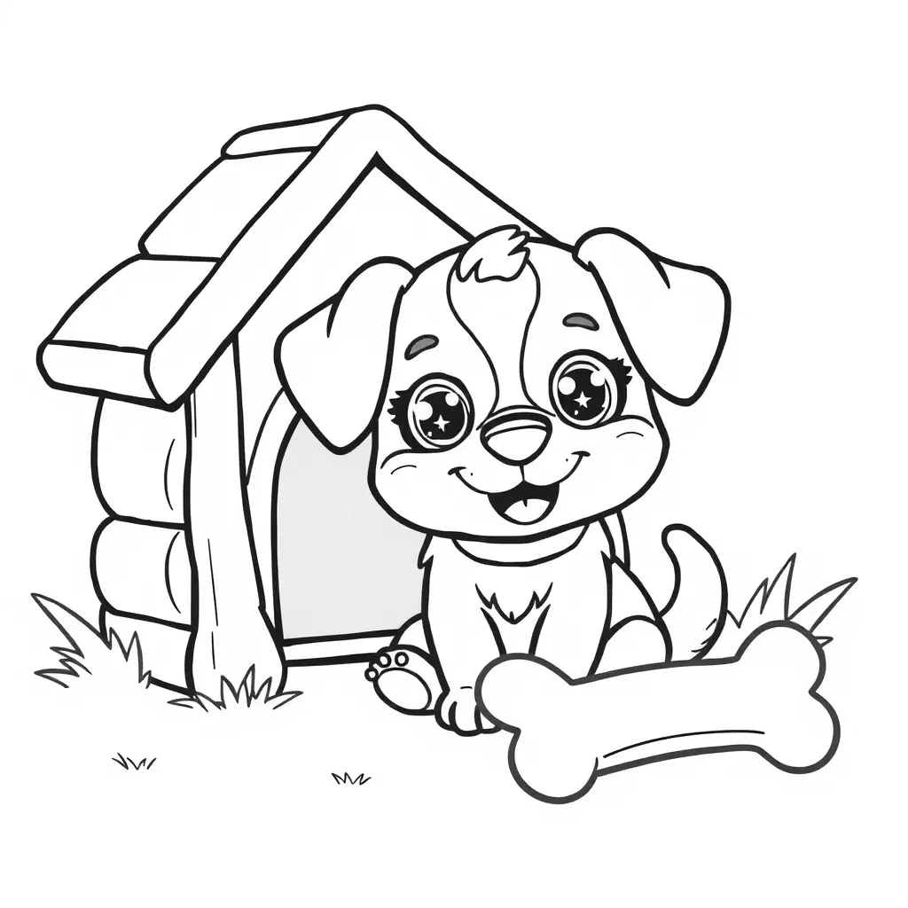 Coloriage Chiot kawaii devant sa petite maison - Chien mignon à imprimer