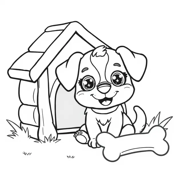 Coloriage Chiot kawaii devant sa petite maison - Chien mignon à imprimer