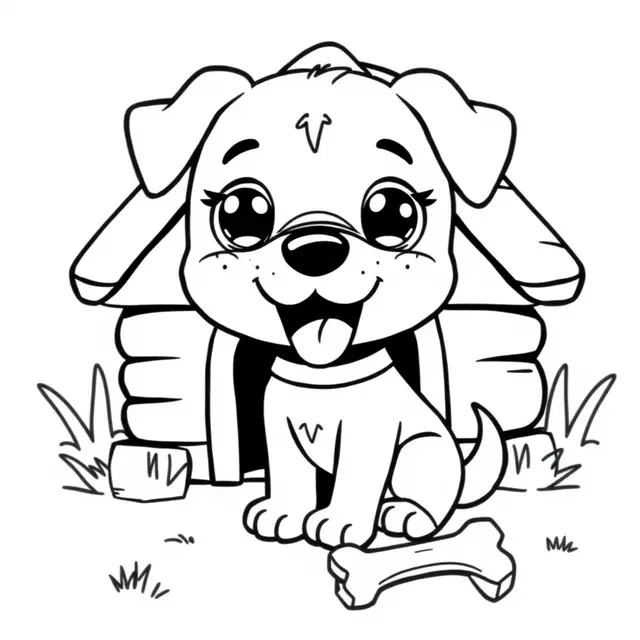 Coloriage Chien souriant devant son petit logis - Chien mignon à imprimer