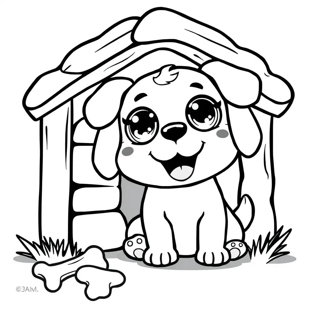 Coloriage Chiot kawaii souriant devant sa maison - Chien mignon à imprimer