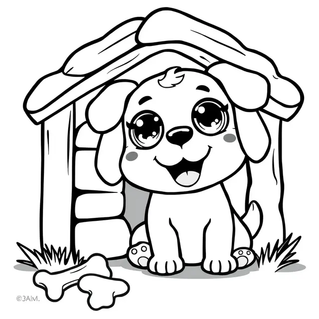 Coloriage Chiot kawaii souriant devant sa maison - Chien mignon à imprimer