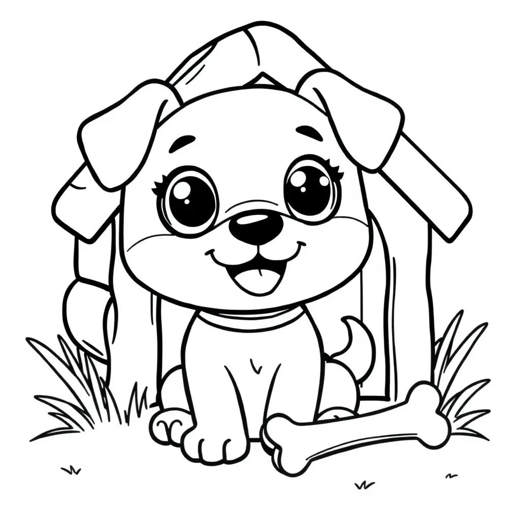 Coloriage Chien kawaii joueur près de sa demeure - Chien mignon à imprimer