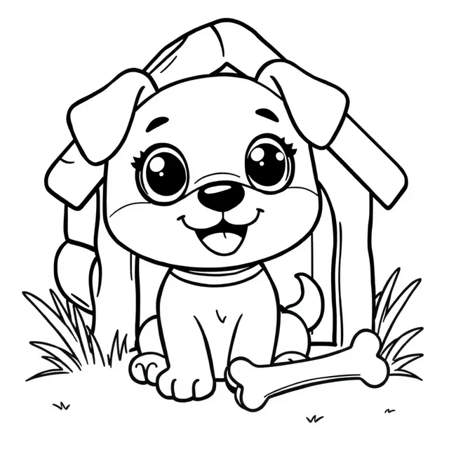 Coloriage Chien kawaii joueur près de sa demeure - Chien mignon à imprimer