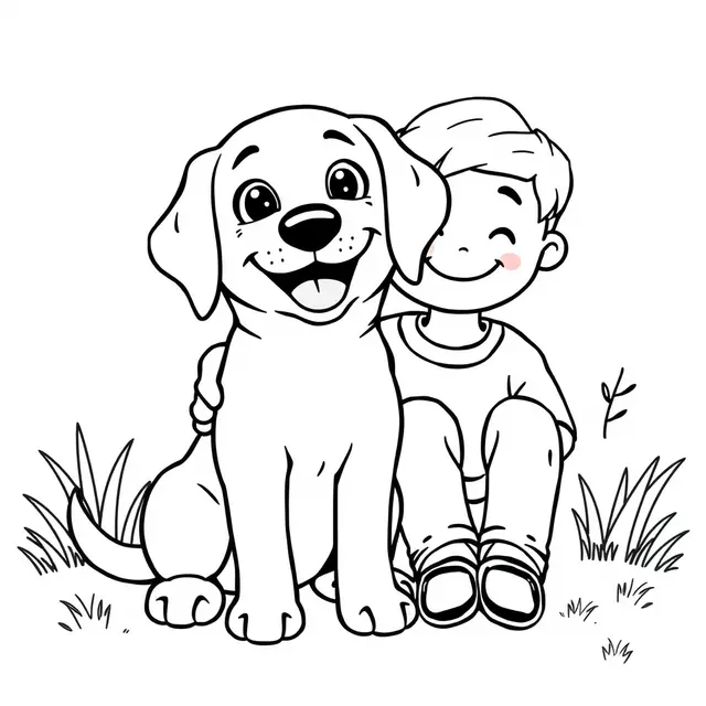 Dibujo de Labrador kawaii jugando con su dueño para colorear