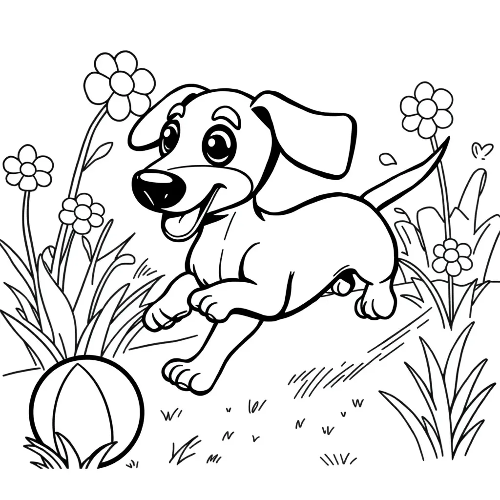 Coloriage Teckel explorant un jardin fleuri - Chien mignon à imprimer