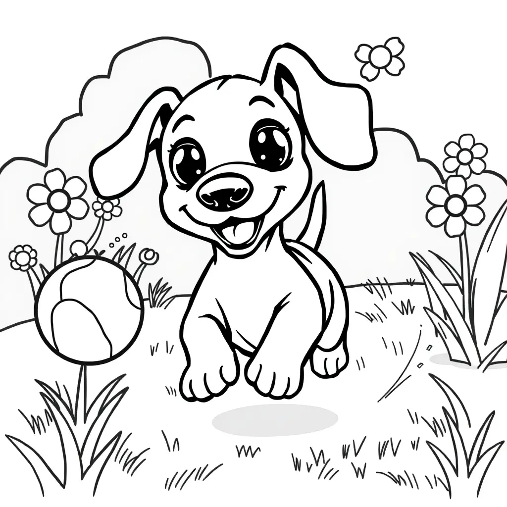 Coloriage Petit teckel découvrant les fleurs du jardin - Chien mignon à imprimer