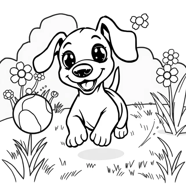 Coloriage Petit teckel découvrant les fleurs du jardin - Chien mignon à imprimer