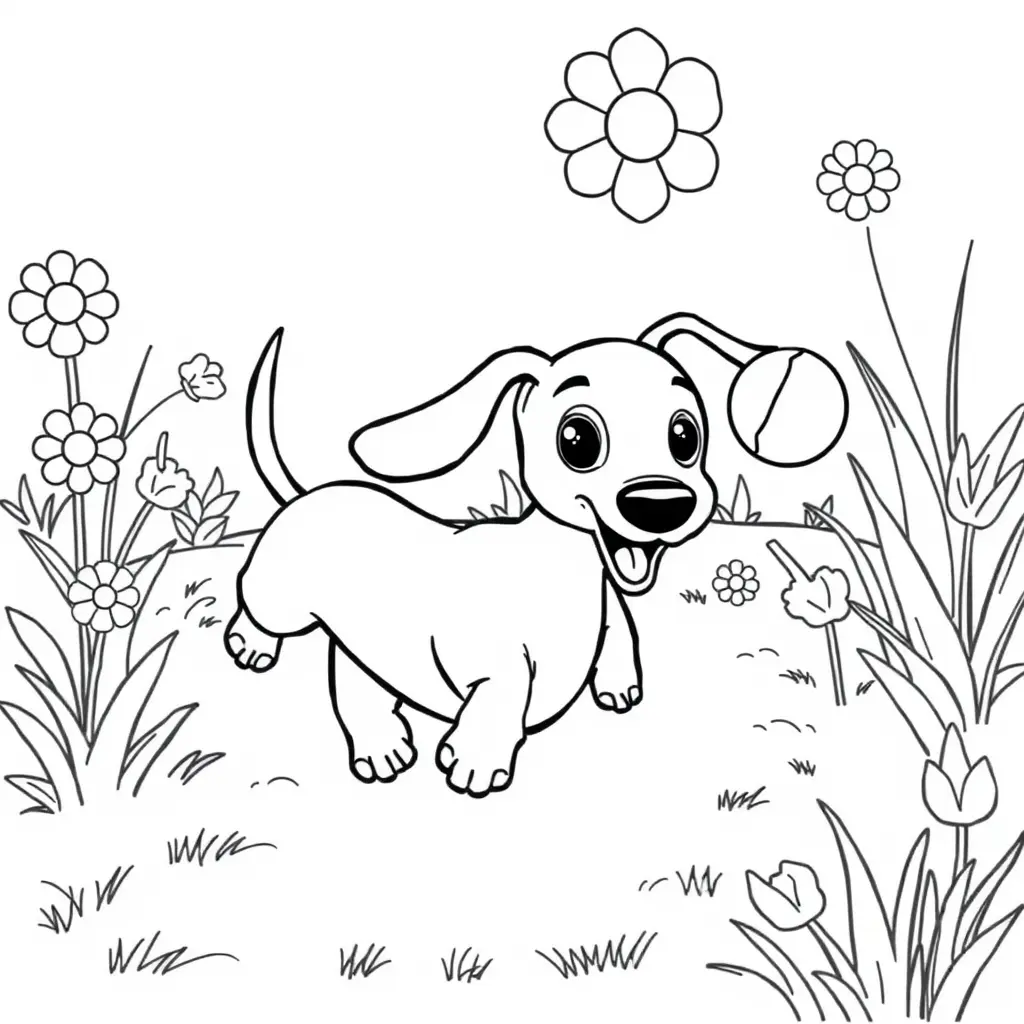 Coloriage Teckel au repos sous le soleil du jardin - Chien mignon à imprimer