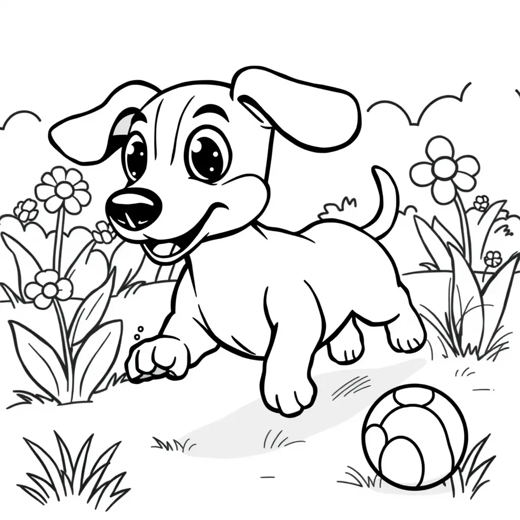 Coloriage Teckel jouant dans un jardin fleuri - Chien mignon à imprimer