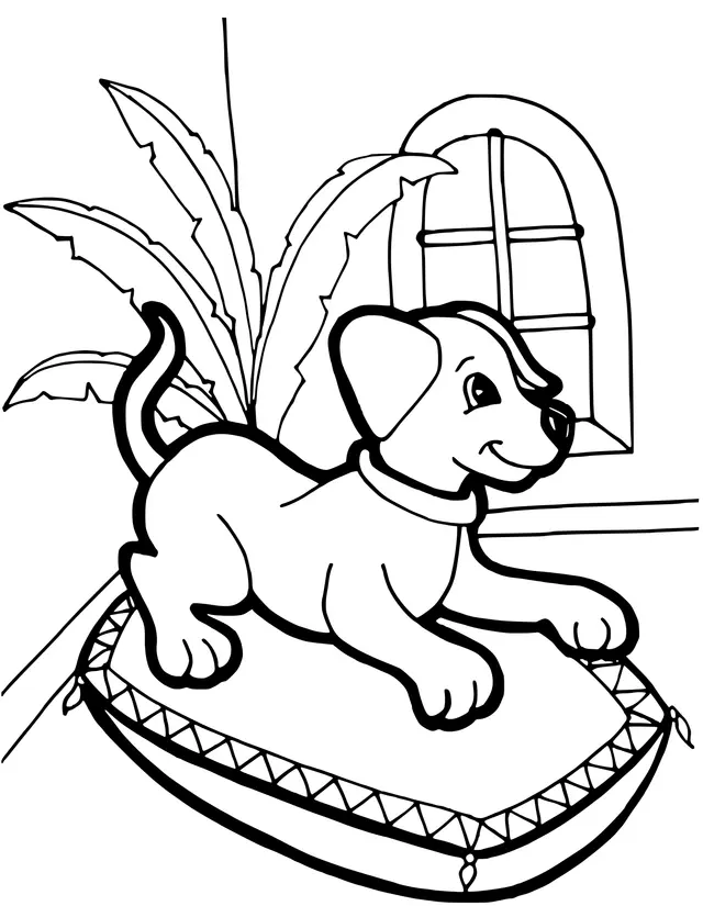 Coloriage Chiot De 18 Mois Sur Son Lit - Chien à imprimer
