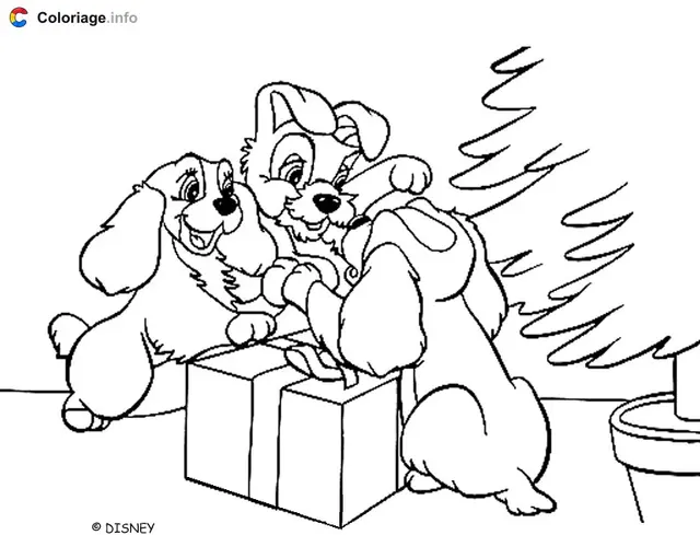Coloriage Chiots devant le sapin de Noël - La Belle et le Clochard à imprimer