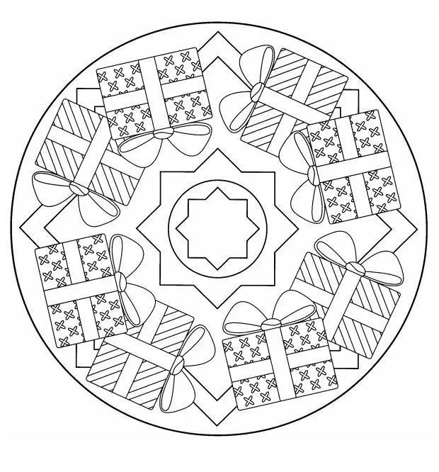 Coloriage Mandala Noël cadeaux adulte - Mandala de Noël à imprimer