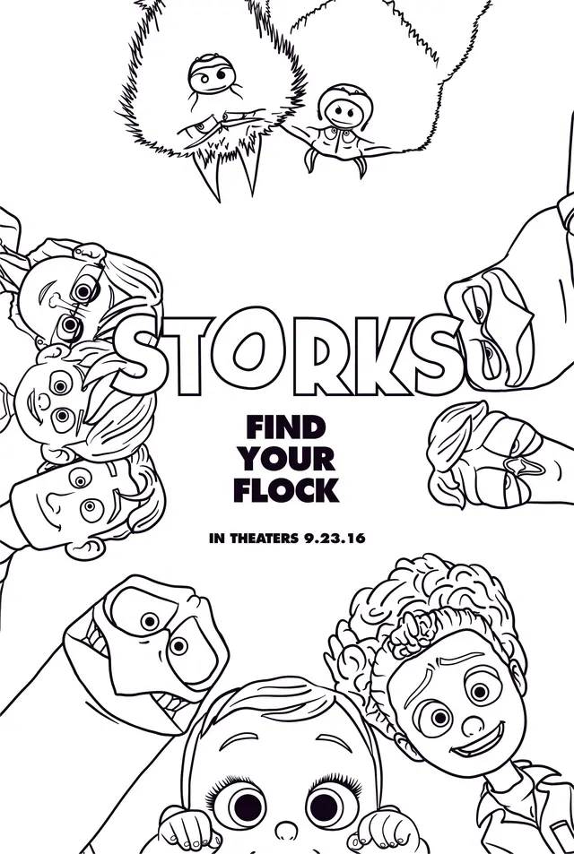 Ausmalbild Störche und ihre Söhne – Find Your Flock zum Ausdrucken