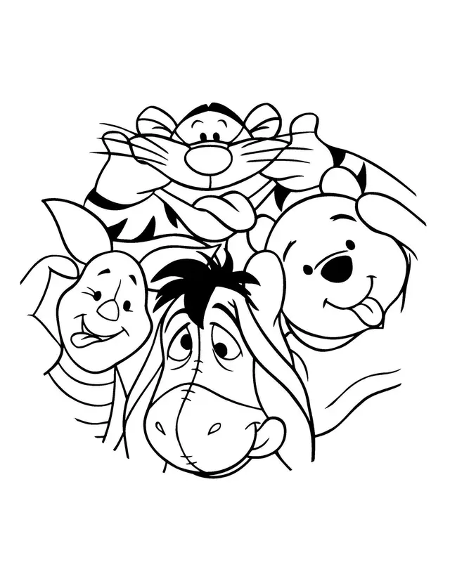 Ausmalbild Klassisches Disney Ausmalbild – Tigger, Winnie Puuh, Ferkel und I-Aah zum Ausdrucken
