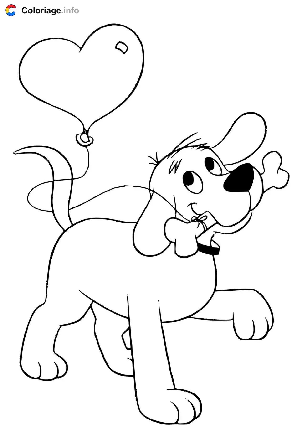 Clifford with a Heart Gift and a Yummy Bone coloring page to print