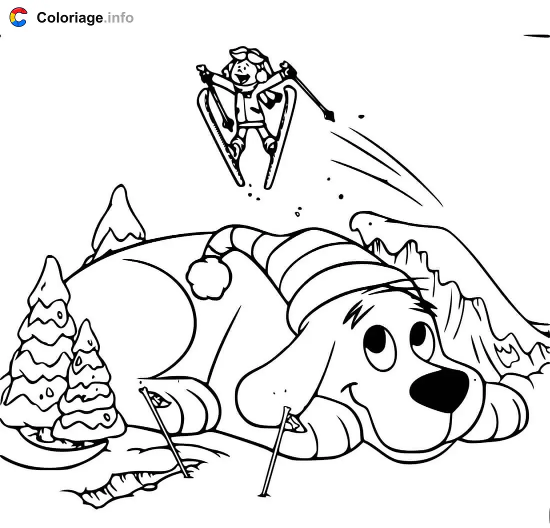 Clifford and Emily Skiing Down the Mountain coloring page to print