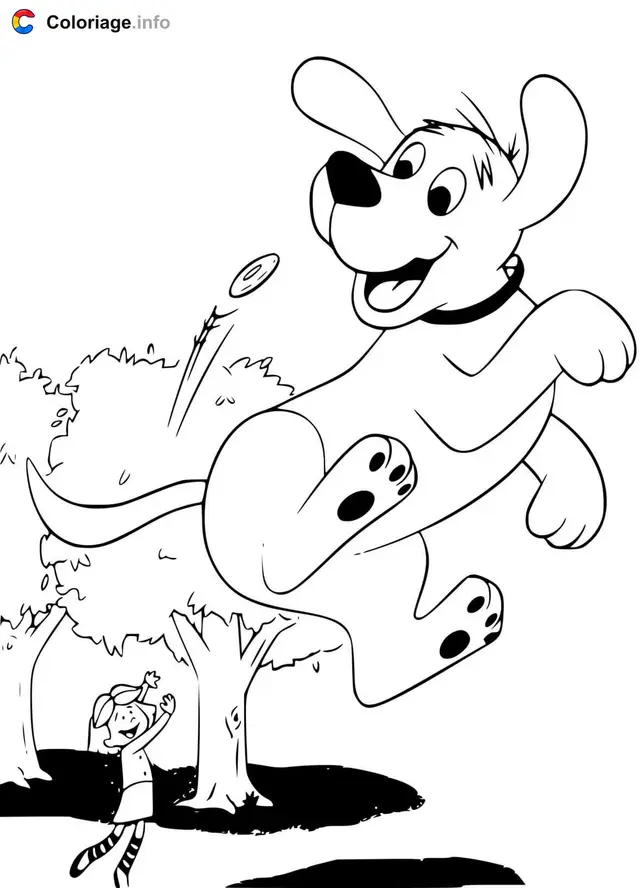 Desenho de Clifford e Emily brincando com frisbee para colorir