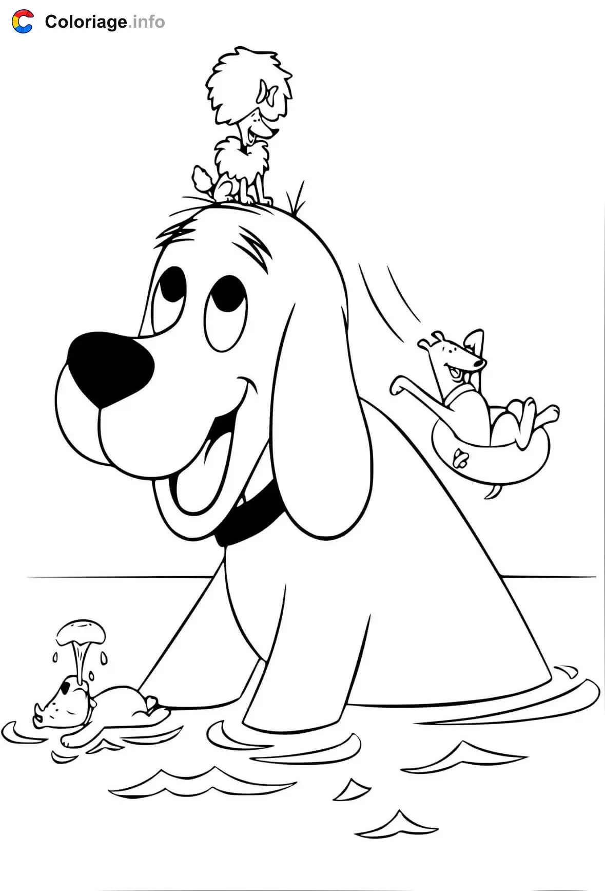Clifford and His Dog Friends Swimming at the Lake coloring page to print