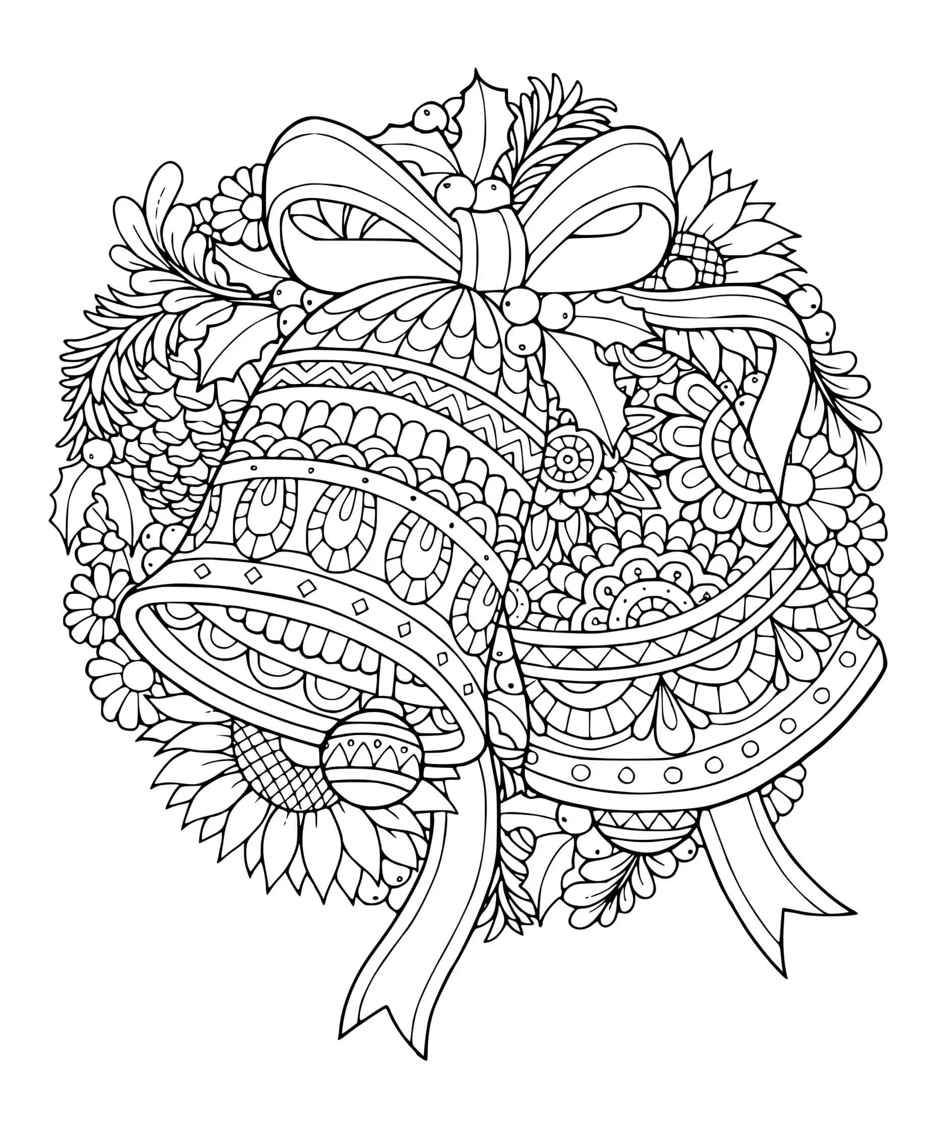 Coloriage Cloches De Noël Guirlande Et Couronne - Mandala de Noël à imprimer