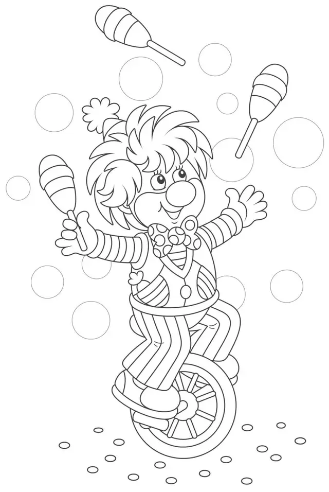 Coloriage Clown Maternelle Qui Jongle Sur Un Vélo - Clown à imprimer