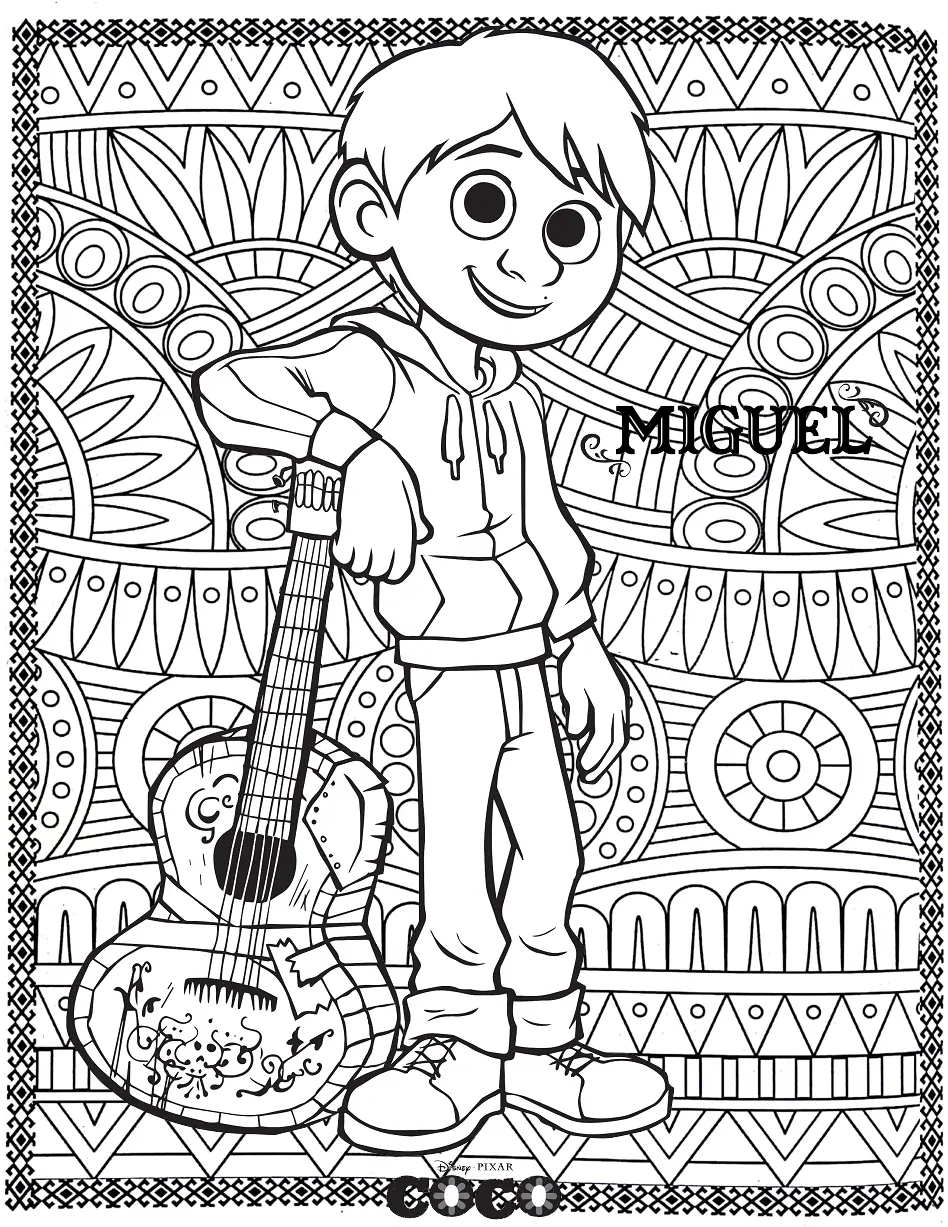 Coloriage Coco Miguel Avec Fond Mandala Adulte - Mandala disney à imprimer