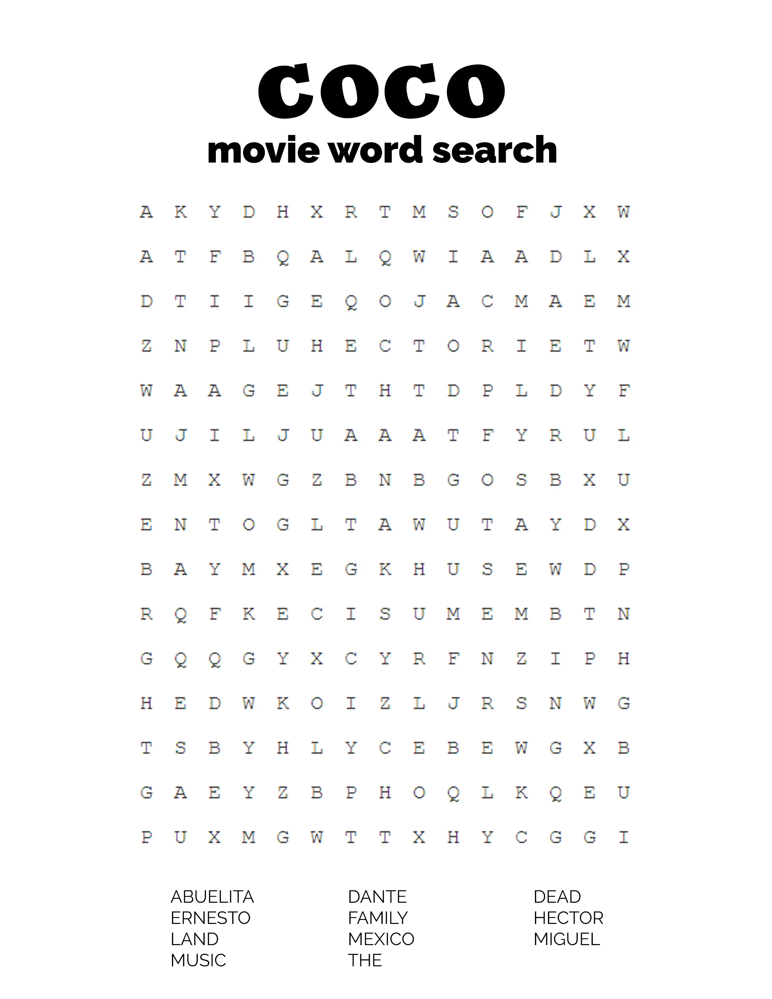 Coloriage Coco Movie Word Search - Coco Disney à imprimer
