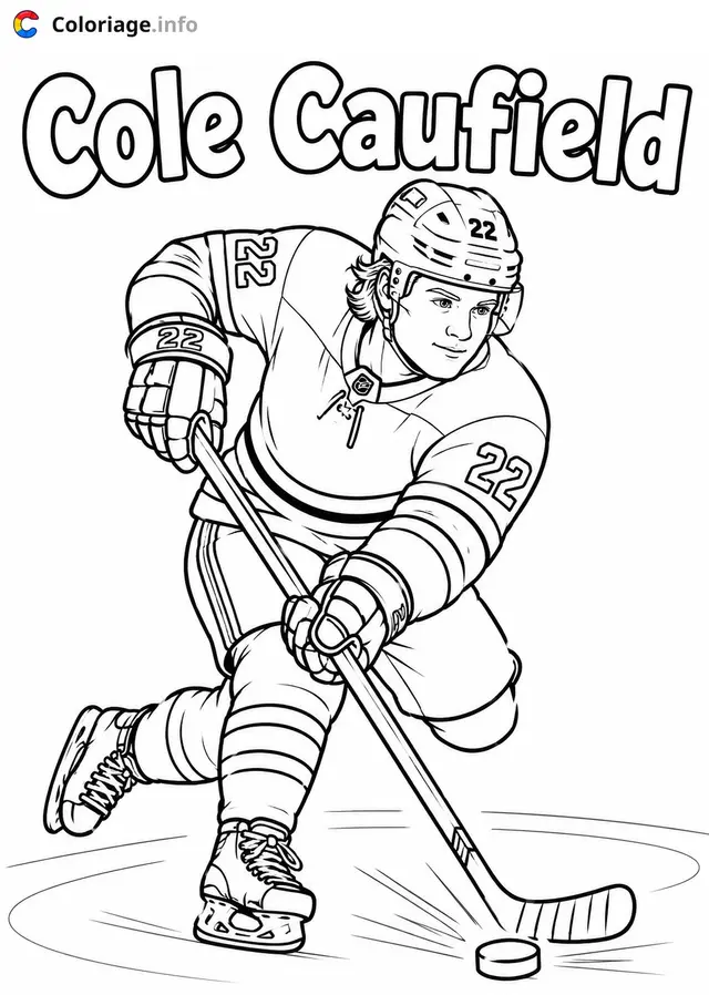 Coloriage Cole Caufield en action à la crosse - Hockey à imprimer
