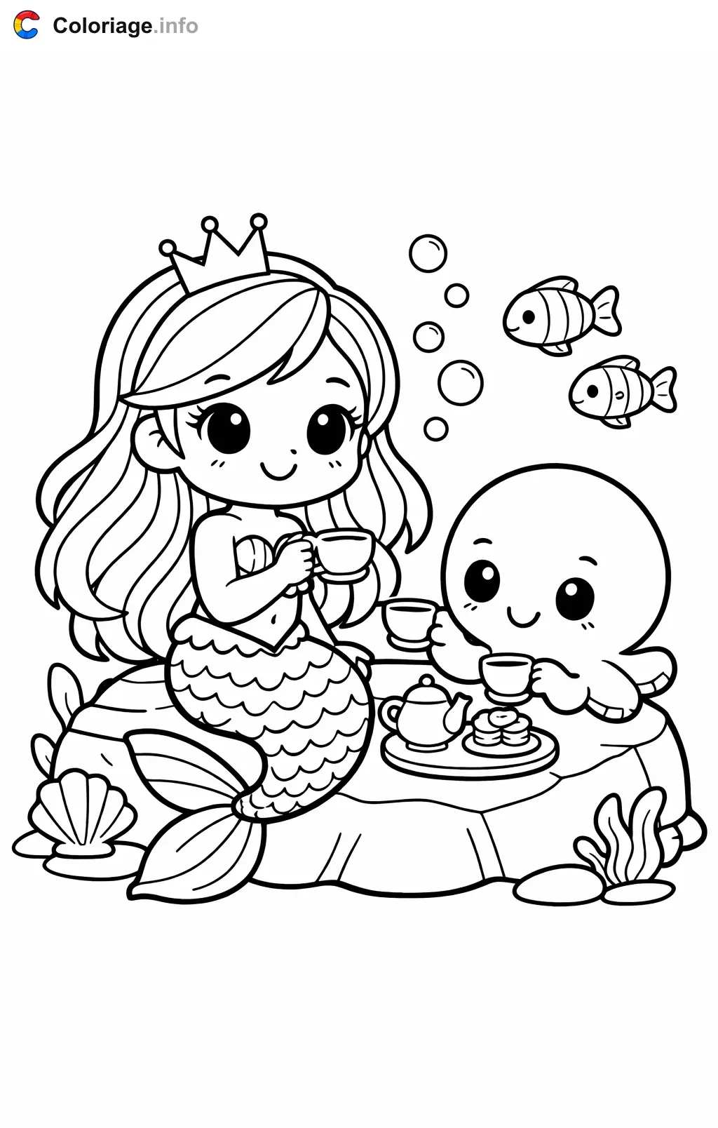 Coloriage Ariel au goûter avec une pieuvre - Ariel à imprimer