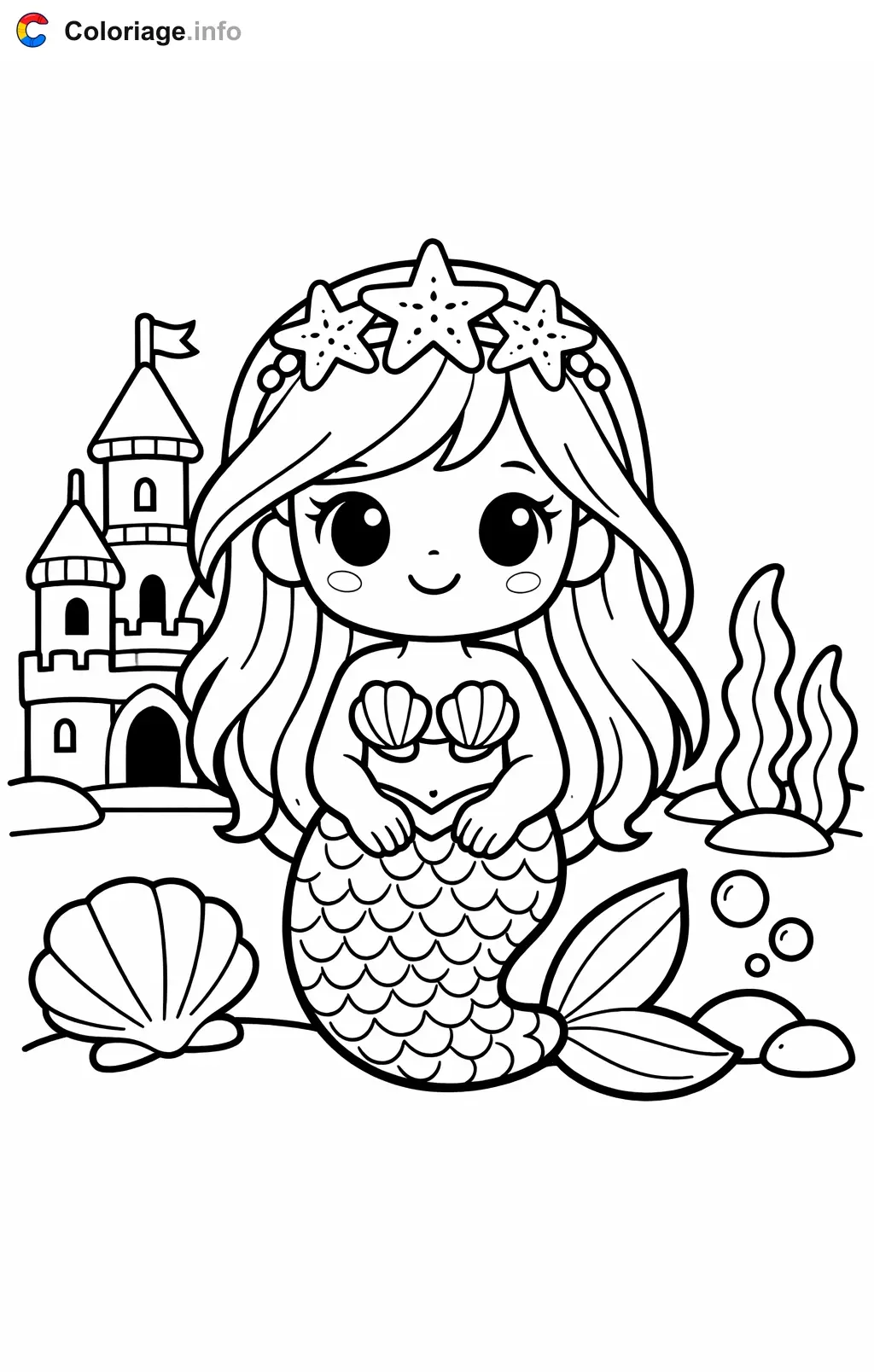 Coloriage Ariel avec sa couronne d'étoile de mer - Ariel à imprimer