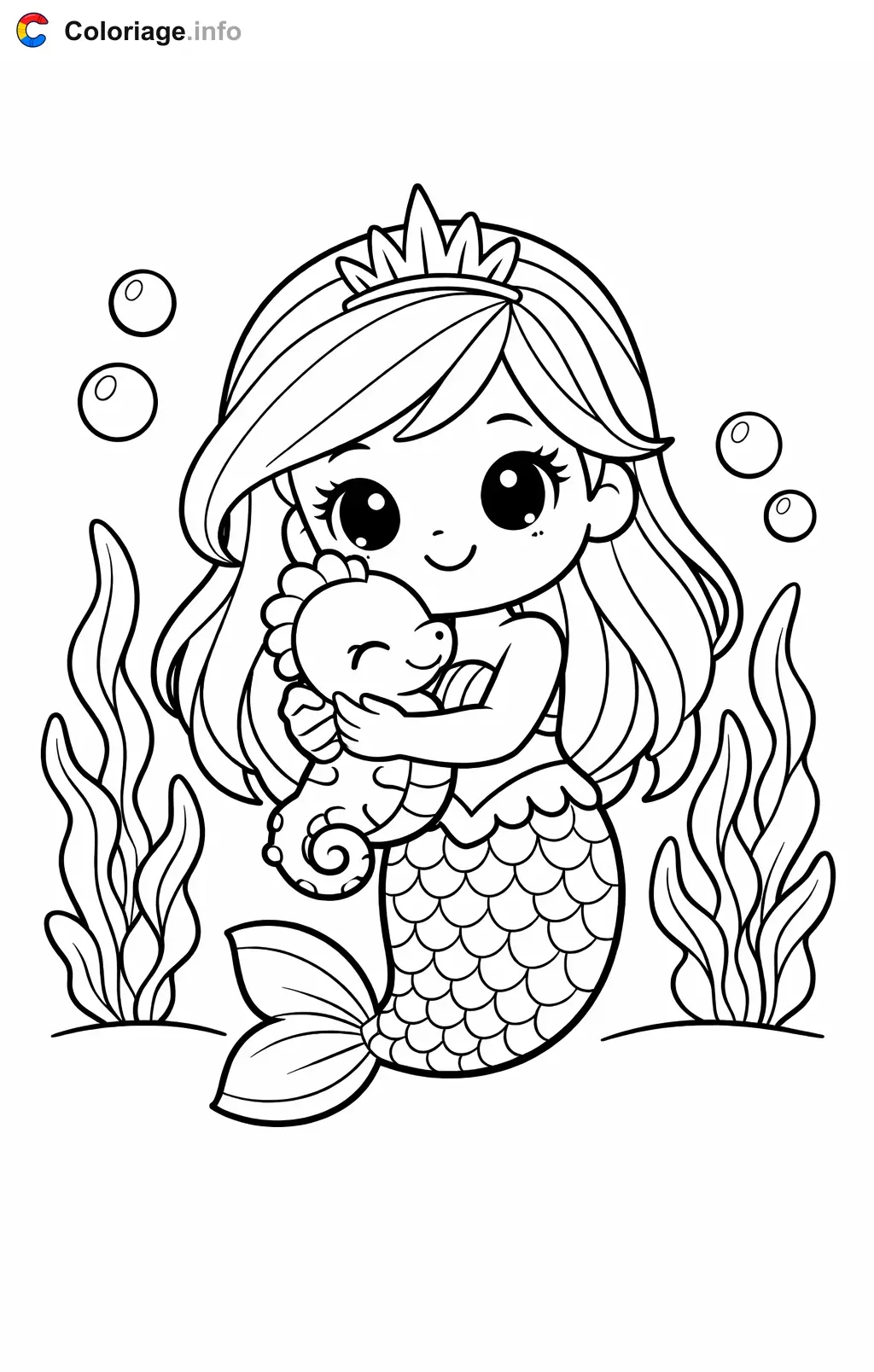 Coloriage Ariel qui câline un hippocampe - Ariel à imprimer
