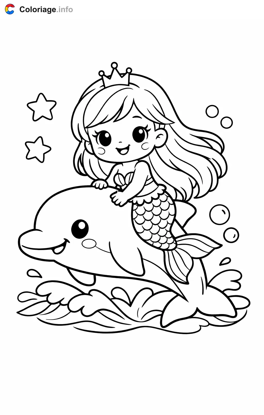 Coloriage Ariel qui chevauche un dauphin - Ariel à imprimer