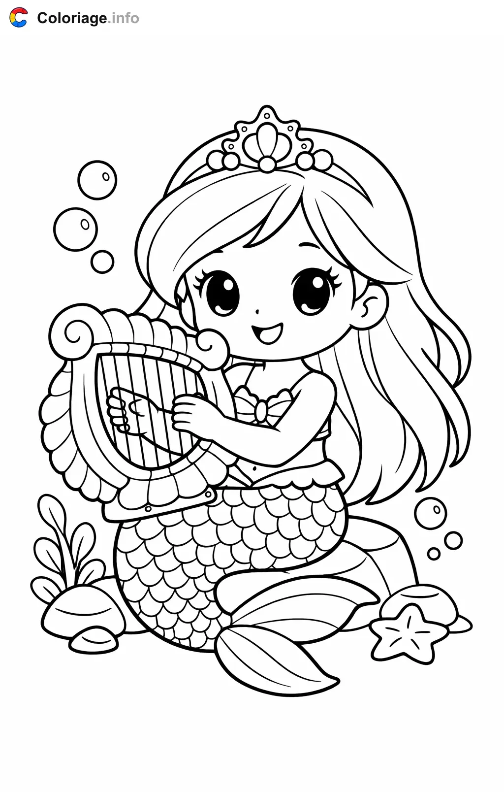 Coloriage Ariel qui joue de la harpe - Ariel à imprimer