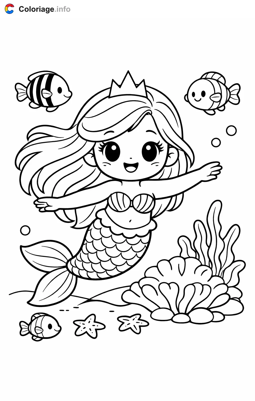 Coloriage Ariel qui nage dans les coraux - Ariel à imprimer
