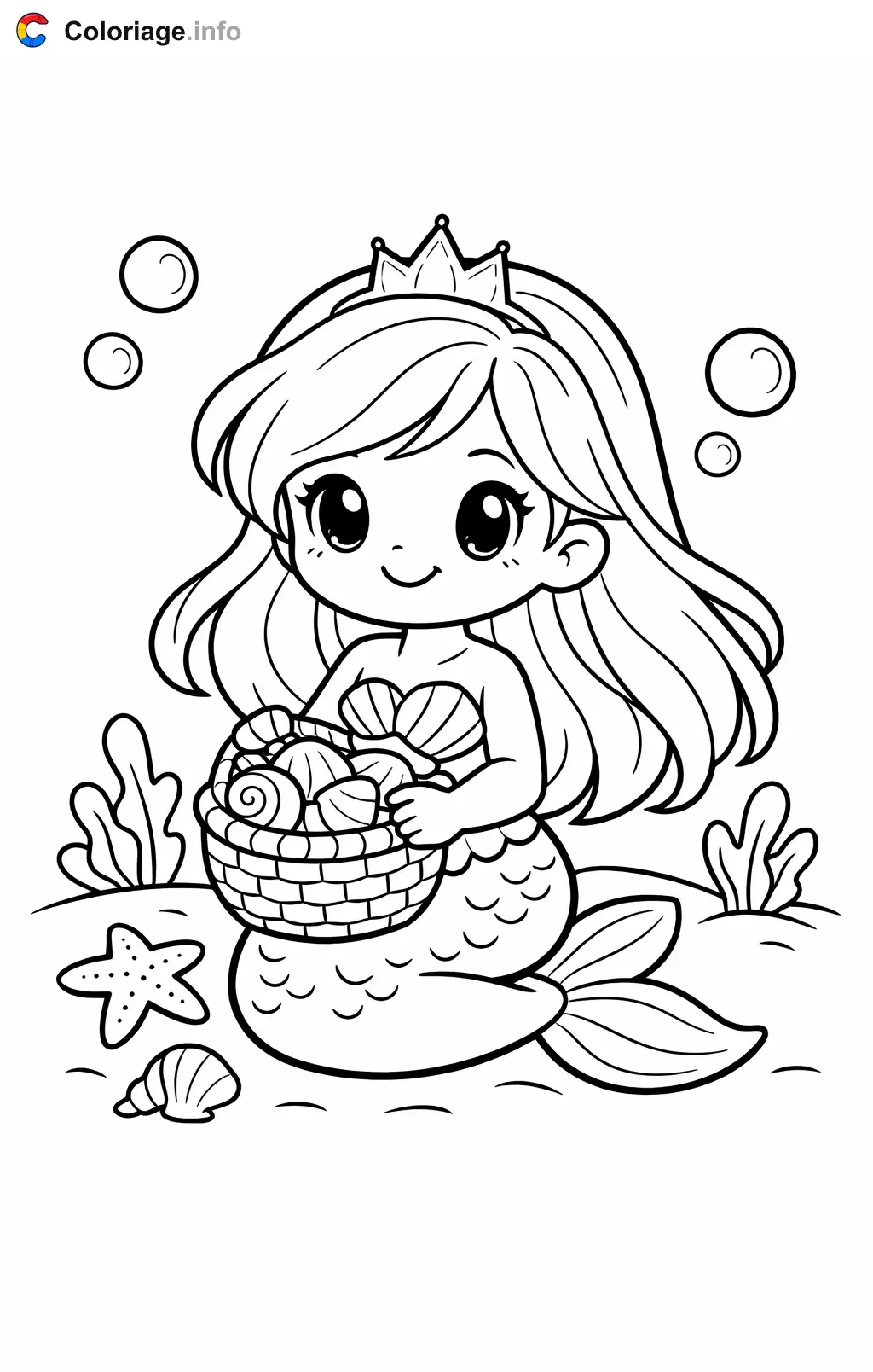 Coloriage Ariel qui ramasse des coquillages - Ariel à imprimer