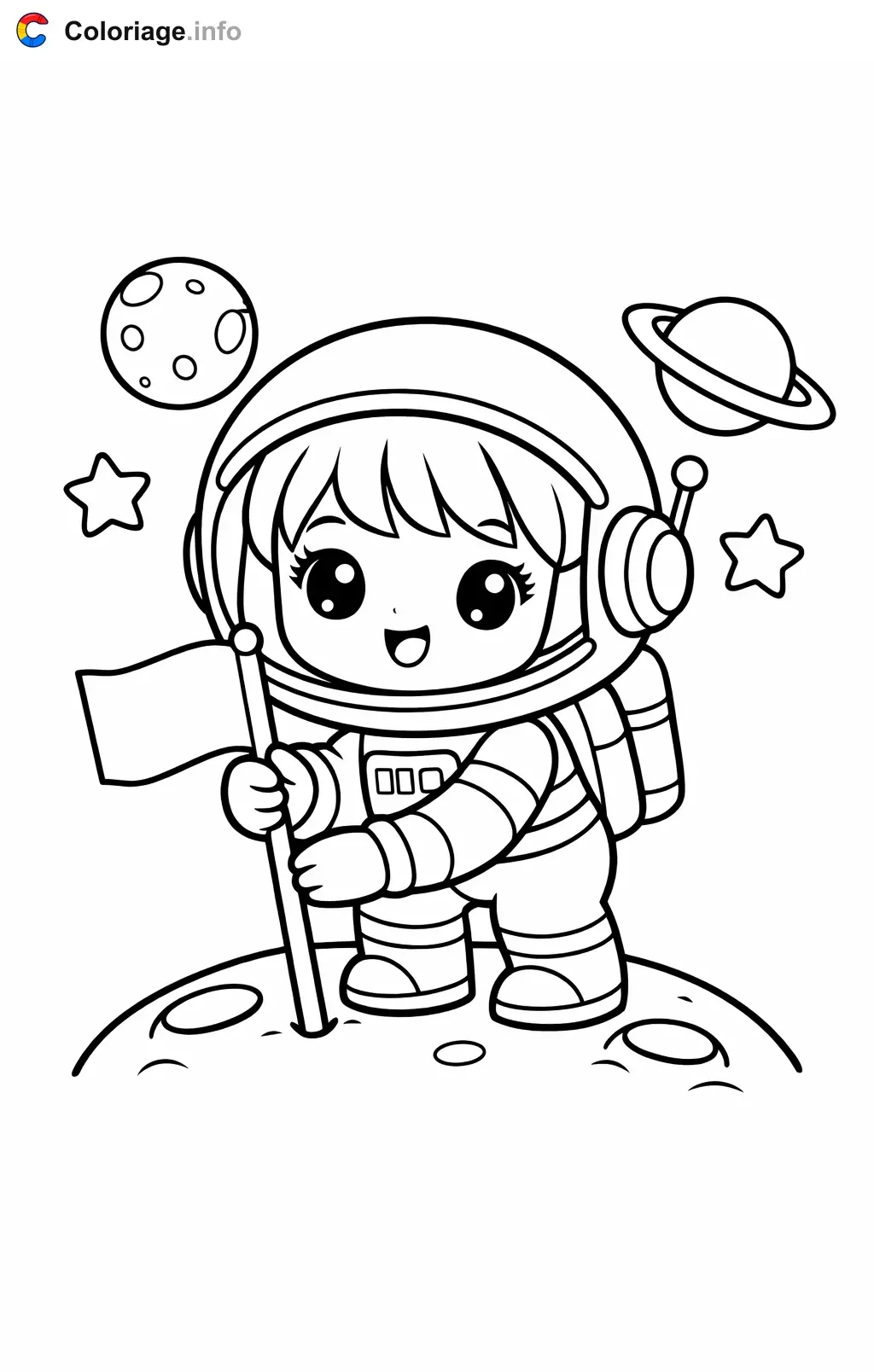 Coloriage Astronaute qui plante un drapeau sur la Lune - Astronaute à imprimer