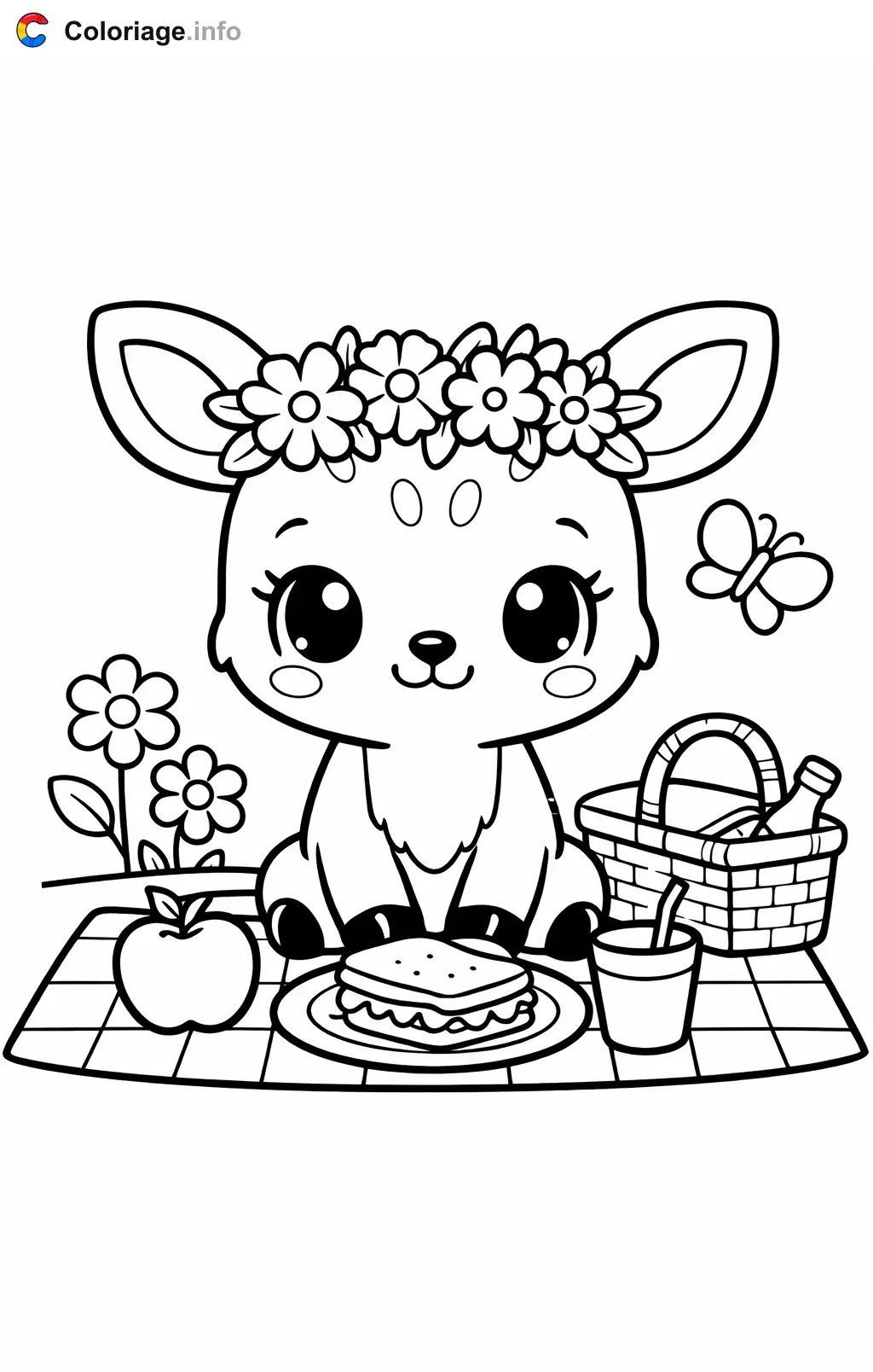 Coloriage Biche avec une couronne de fleurs - Biche à imprimer