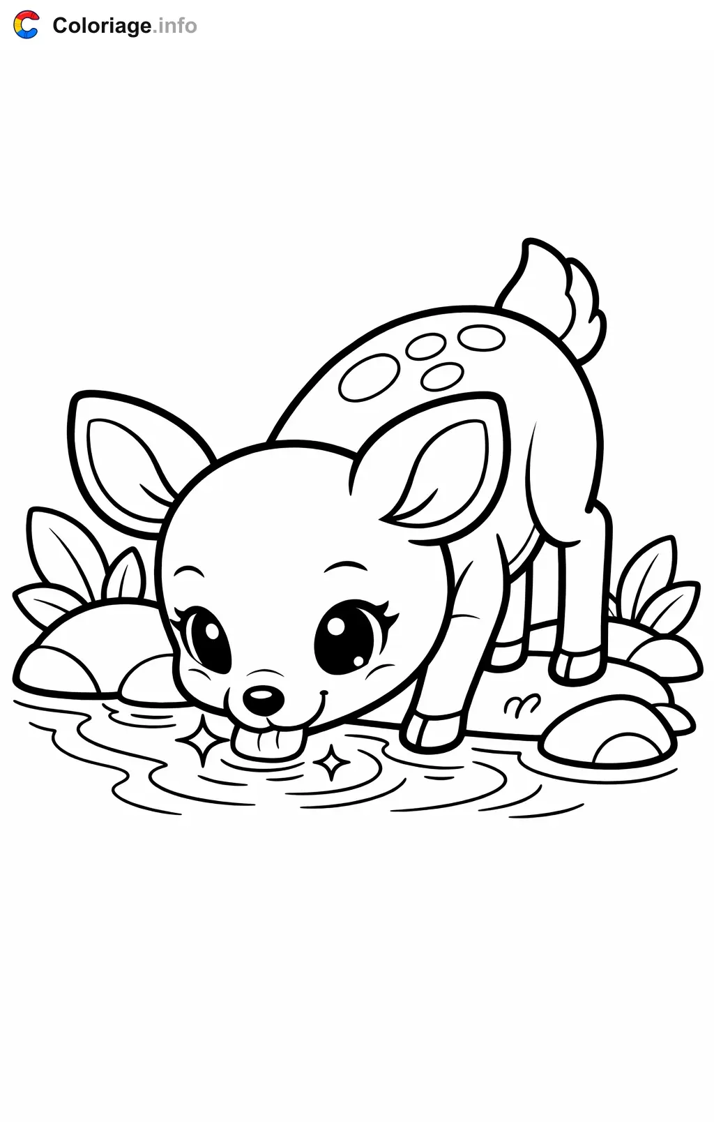 Coloriage Biche qui boit à la rivière - Biche à imprimer
