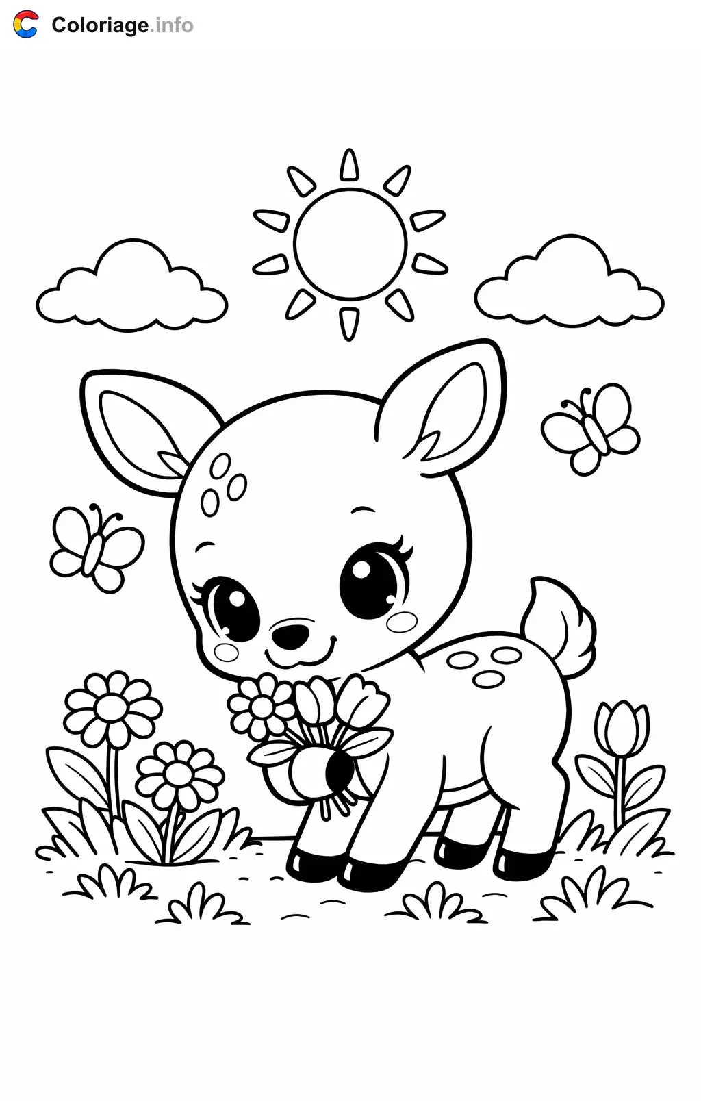 Coloriage Biche qui cueille des fleurs - Biche à imprimer