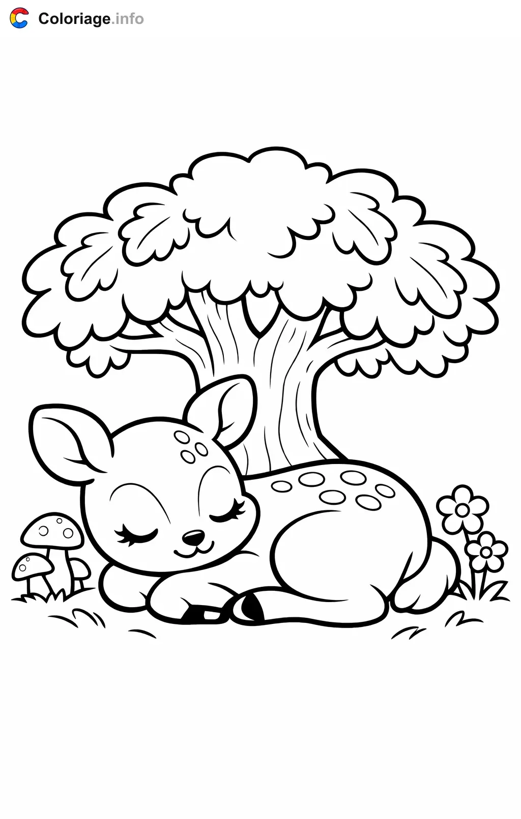 Coloriage Biche qui dort sous un chêne - Biche à imprimer
