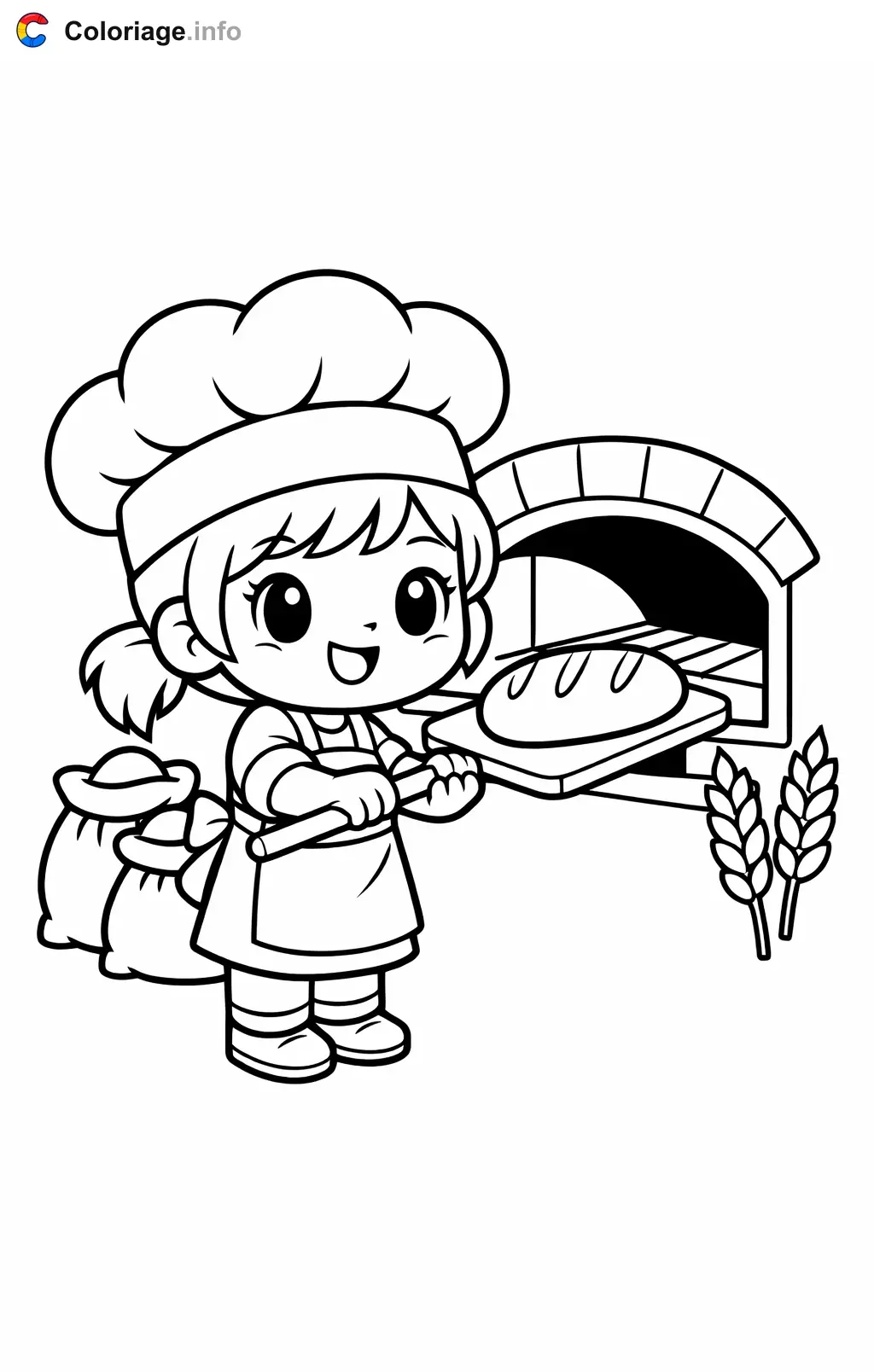 Ausmalbild Bäcker schiebt Brot in den Ofen zum Ausdrucken