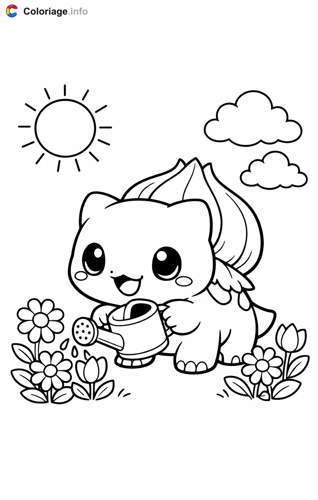 Coloriage Bulbizarre qui arrose les fleurs du jardin - Bulbizarre à imprimer