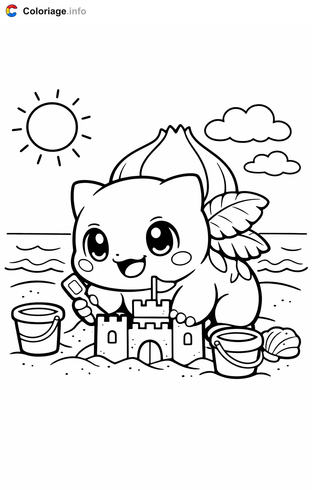 Coloriage Bulbizarre qui construit un chateau de sable - Bulbizarre à imprimer