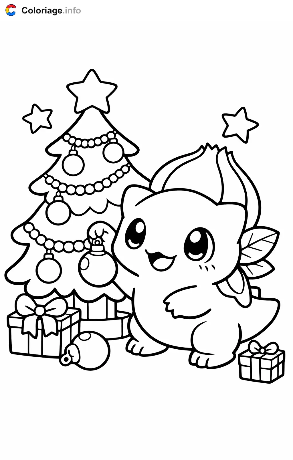 Coloriage Bulbizarre qui decore le sapin de Noel - Bulbizarre à imprimer