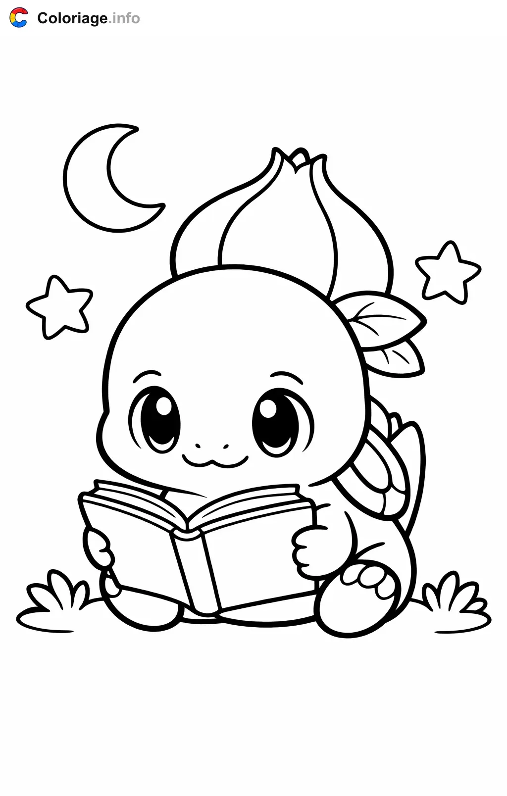 Coloriage Bulbizarre qui lit sous les etoiles - Bulbizarre à imprimer